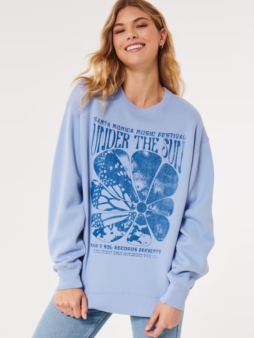 Hollister Oversized Santa Monica Graphic Crew Sweatshirt in Blue